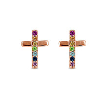 Load image into Gallery viewer, Single (Half Pair) 14k Gold and Genuine Rainbow Gemstone Cross Earring for Women