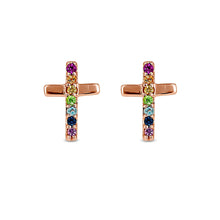 Load image into Gallery viewer, Single (Half Pair) 14k Gold and Genuine Rainbow Gemstone Cross Earring for Women