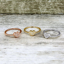 Load image into Gallery viewer, 14k Solid Gold and Natural Diamond Micro-Set Pave Heart Ring | Dainty Sweet Sixteen Bat Mitzvah Gift | Heart Stack Ring | Love Jewelry
