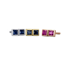 Load image into Gallery viewer, Single (Half Pair) 14k Solid Gold Natural Dark Pink or Blue Sapphire Princess Cut Small Square Bezel Set Earring Studs