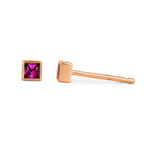 Load image into Gallery viewer, Single (Half Pair) 14k Solid Gold Natural Dark Pink or Blue Sapphire Princess Cut Small Square Bezel Set Earring Studs