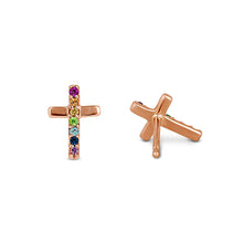 Load image into Gallery viewer, Single (Half Pair) 14k Gold and Genuine Rainbow Gemstone Cross Earring for Women