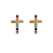 Load image into Gallery viewer, Single (Half Pair) 14k Gold and Genuine Rainbow Gemstone Cross Earring for Women
