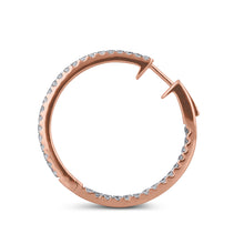 Load image into Gallery viewer, 18k Rose Gold and Genuine Diamond Inside Out Hoop Earrings w High Quality Diamonds and Push Button Closure 1 1/4" Diameter