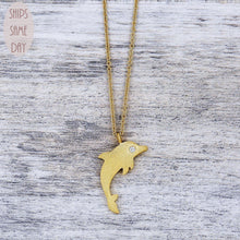 Load image into Gallery viewer, 18K Yellow Gold & Diamond Dolphin Pendant Necklace | Small Dolphin Charm With Adjustable Chain Necklace | Animal Jewelry For Women + Girls