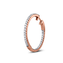 Load image into Gallery viewer, 18k Rose Gold and Genuine Diamond Inside Out Hoop Earrings w High Quality Diamonds and Push Button Closure 1 1/4" Diameter