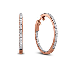 Load image into Gallery viewer, 18k Rose Gold and Genuine Diamond Inside Out Hoop Earrings w High Quality Diamonds and Push Button Closure 1 1/4" Diameter