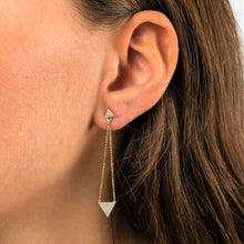 Load image into Gallery viewer, 14k Gold and Genuine Diamond Hanging Chain Earrings with Pave Triangles w/ Detachable Stud for Women in White, Yellow or Rose Gold 2" Length
