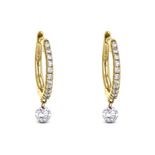 Load image into Gallery viewer, Pair of 18k Rose Gold and Genuine Diamond Round Huggy Hoop Earrings with Dangling Floating Diamonds High Quality 1/2" Diameter