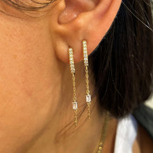 Load image into Gallery viewer, Single (Half Pair) 18k Yellow Gold Genuine Baguette + Round Diamond Hoop Chain Minimalist Dangling Hanging Earring 1.5" Total Length