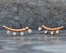 Load image into Gallery viewer, Single (Half Pair) 14k Gold Genuine Diamond Curved Crescent Beaded Bar Ear Climber Crawler Earrings High Quality 2/3"