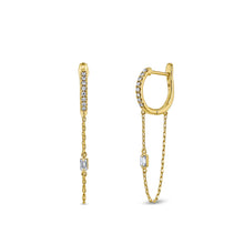 Load image into Gallery viewer, Single (Half Pair) 18k Yellow Gold Genuine Baguette + Round Diamond Hoop Chain Minimalist Dangling Hanging Earring 1.5" Total Length