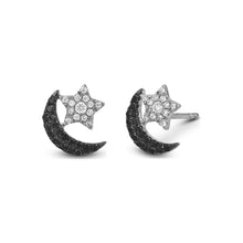 Load image into Gallery viewer, Single (Half Pair) 14k Gold Genuine Black and White Diamond Moon and Star Earring for Women 14k Yellow Rose and White Gold