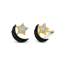Load image into Gallery viewer, Single (Half Pair) 14k Gold Genuine Black and White Diamond Moon and Star Earring for Women 14k Yellow Rose and White Gold