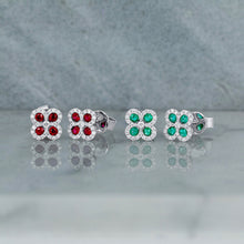 Load image into Gallery viewer, 18k White Gold and Genuine Diamond Natural Sapphire | Emerald | Ruby Clover Stud Earrings with Very High Quality Stones for Women or Girls