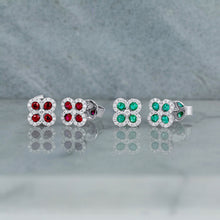 Load image into Gallery viewer, 18k White Gold and Genuine Diamond Natural Sapphire | Emerald | Ruby Clover Stud Earrings with Very High Quality Stones for Women or Girls