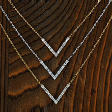Load image into Gallery viewer, 18k Genuine Diamond Chevron "V" Shaped Necklace w/ High Quality Baguette and Round Diamonds w/ Adjustable Drawstring Chain