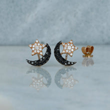 Load image into Gallery viewer, Single (Half Pair) 14k Gold Genuine Black and White Diamond Moon and Star Earring for Women 14k Yellow Rose and White Gold