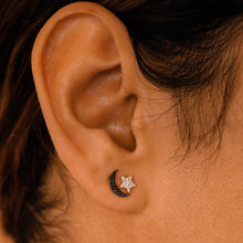 Load image into Gallery viewer, Single (Half Pair) 14k Gold Genuine Black and White Diamond Moon and Star Earring for Women 14k Yellow Rose and White Gold
