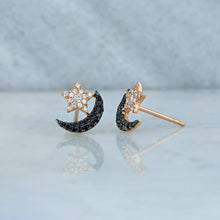Load image into Gallery viewer, Single (Half Pair) 14k Gold Genuine Black and White Diamond Moon and Star Earring for Women 14k Yellow Rose and White Gold