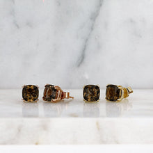 Load image into Gallery viewer, 14k Gold Smokey Topaz Quartz Cushion Cut Stud Earring Pair for Women