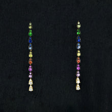 Load image into Gallery viewer, Solid 14k Gold Genuine Natural Diamond Rainbow Sapphire Linear Multicolor Teardrop Pear Shape Hanging Drop Earrings for Women 1 3/4" Length