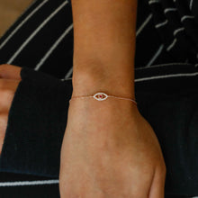 Load image into Gallery viewer, 14k Solid Gold Diamond with Bezel Set Sapphire Ruby Emerald or Turquoise Bezel Set Evil Eye Adjustable Bracelet