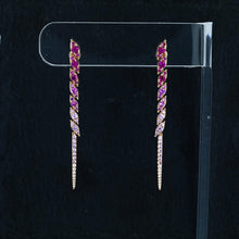 Load image into Gallery viewer, 14k Solid Gold Genuine Natural Diamond and Blue Or Pink Sapphire Long Linear Hombre Earrings for Women 2 Inch Length
