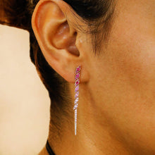 Load image into Gallery viewer, 14k Solid Gold Genuine Natural Diamond and Blue Or Pink Sapphire Long Linear Hombre Earrings for Women 2 Inch Length