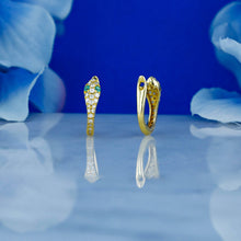 Load image into Gallery viewer, Single (Half Pair) of 18k Solid Gold Natural Diamond and Emerald Snake Huggy Leverback Earrings