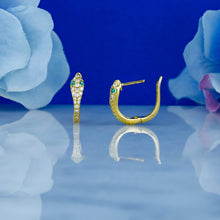 Load image into Gallery viewer, Single (Half Pair) of 18k Solid Gold Natural Diamond and Emerald Snake Huggy Leverback Earrings