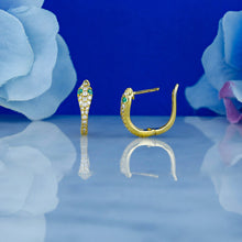 Load image into Gallery viewer, Single (Half Pair) of 18k Solid Gold Natural Diamond and Emerald Snake Huggy Leverback Earrings