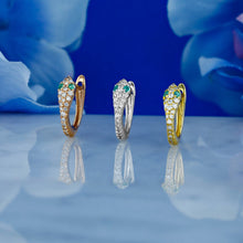 Load image into Gallery viewer, Single (Half Pair) of 18k Solid Gold Natural Diamond and Emerald Snake Huggy Leverback Earrings
