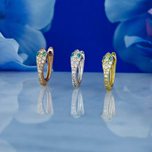 Load image into Gallery viewer, Single (Half Pair) of 18k Solid Gold Natural Diamond and Emerald Snake Huggy Leverback Earrings