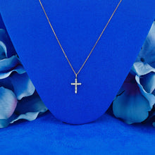 Load image into Gallery viewer, 14k Solid Gold Small Natural Diamond Cross Pendant Necklace w/ Chain | Minimalist Diamond Cross for Woman or Child | Gold Religious Jewelry