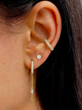 Load image into Gallery viewer, Single (Half Pair) 18k Yellow Gold Genuine Baguette + Round Diamond Hoop Chain Minimalist Dangling Hanging Earring 1.5" Total Length