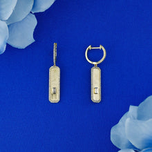 Load image into Gallery viewer, 14k Solid Gold Natural Diamond ID Bar Style with Diamond Border and Baguette Dangle Lever Back Earrings