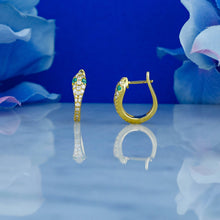 Load image into Gallery viewer, Single (Half Pair) of 18k Solid Gold Natural Diamond and Emerald Snake Huggy Leverback Earrings