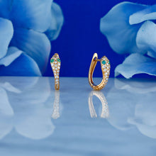 Load image into Gallery viewer, Single (Half Pair) of 18k Solid Gold Natural Diamond and Emerald Snake Huggy Leverback Earrings