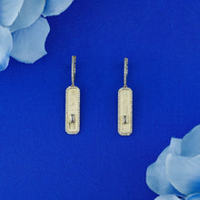 Load image into Gallery viewer, 14k Solid Gold Natural Diamond ID Bar Style with Diamond Border and Baguette Dangle Lever Back Earrings