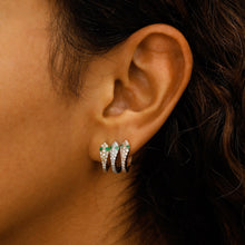 Load image into Gallery viewer, Single (Half Pair) of 18k Solid Gold Natural Diamond and Emerald Snake Huggy Leverback Earrings