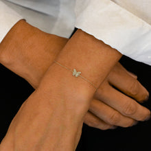 Load image into Gallery viewer, 14k Solid Gold Natural Diamond Small Dainty Pavé Butterfly Layering Bracelet w/ Adjustable Drawstring Chain