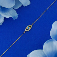 Load image into Gallery viewer, 14k Solid Gold Diamond with Bezel Set Sapphire Ruby Emerald or Turquoise Bezel Set Evil Eye Adjustable Bracelet