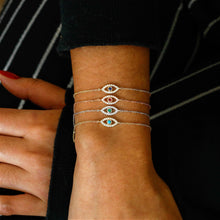 Load image into Gallery viewer, 14k Solid Gold Diamond with Bezel Set Sapphire Ruby Emerald or Turquoise Bezel Set Evil Eye Adjustable Bracelet