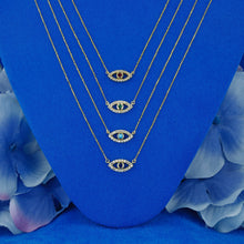 Load image into Gallery viewer, 14k Solid Gold Natural Diamond with Sapphire Ruby Emerald or Turquoise Bezel Set Evil Eye Necklace w/ Adjustable Drawstring Chain
