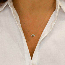 Load image into Gallery viewer, 14k Solid Gold Natural Diamond with Sapphire Ruby Emerald or Turquoise Bezel Set Evil Eye Necklace w/ Adjustable Drawstring Chain