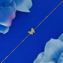 Load image into Gallery viewer, 14k Solid Gold Natural Diamond Small Dainty Pavé Butterfly Layering Bracelet w/ Adjustable Drawstring Chain
