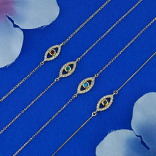 Load image into Gallery viewer, 14k Solid Gold Diamond with Bezel Set Sapphire Ruby Emerald or Turquoise Bezel Set Evil Eye Adjustable Bracelet