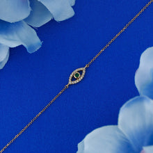 Load image into Gallery viewer, 14k Solid Gold Diamond with Bezel Set Sapphire Ruby Emerald or Turquoise Bezel Set Evil Eye Adjustable Bracelet