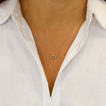 Load image into Gallery viewer, 14k Solid Gold Natural Diamond with Sapphire Ruby Emerald or Turquoise Bezel Set Evil Eye Necklace w/ Adjustable Drawstring Chain